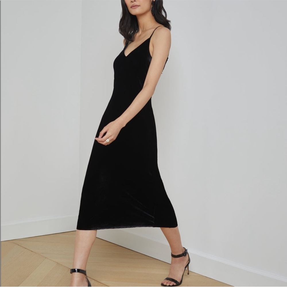 L'AGENCE Black Velvet Seridie Slip Dress